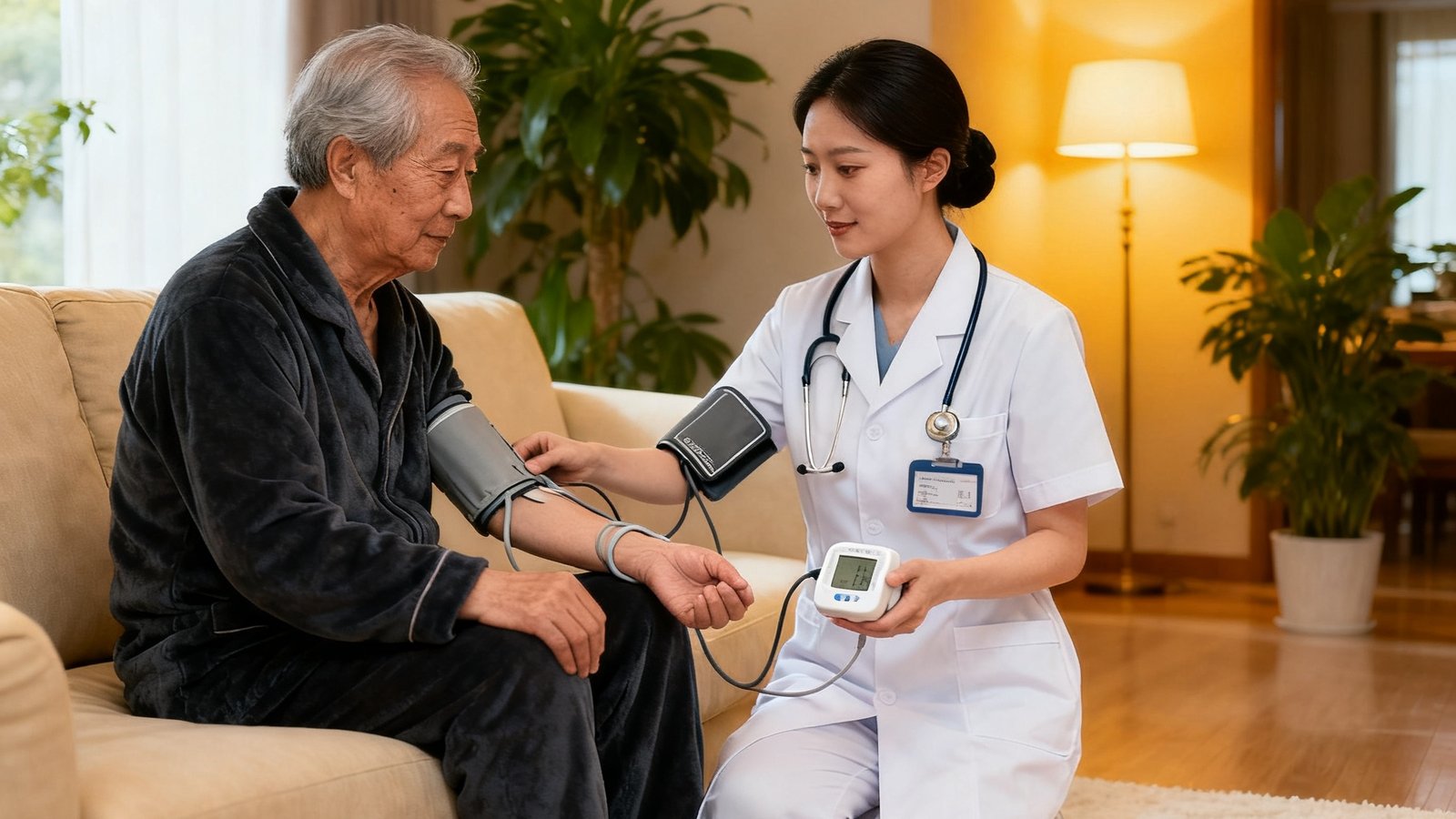 美狮贵宾会持证护士携带便携医疗设备前往老年贵宾家中进行血压血氧心电图全面健康巡检，老人坐在沙发上配合检查，客厅环境温馨明亮